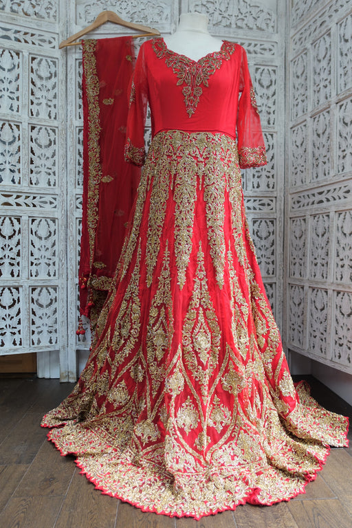 Red & Gold Wedding Gown Lengha - UK Size 14 /EU 40 - Preloved - Indian Suit Company