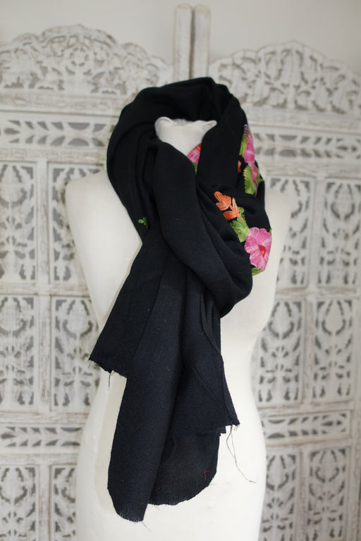 Black Colourful Floral Wool Shawl - New - Indian Suit Company