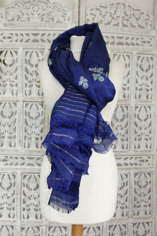 Navy Blue Silk Blend Vintage Scarf - New - Indian Suit Company
