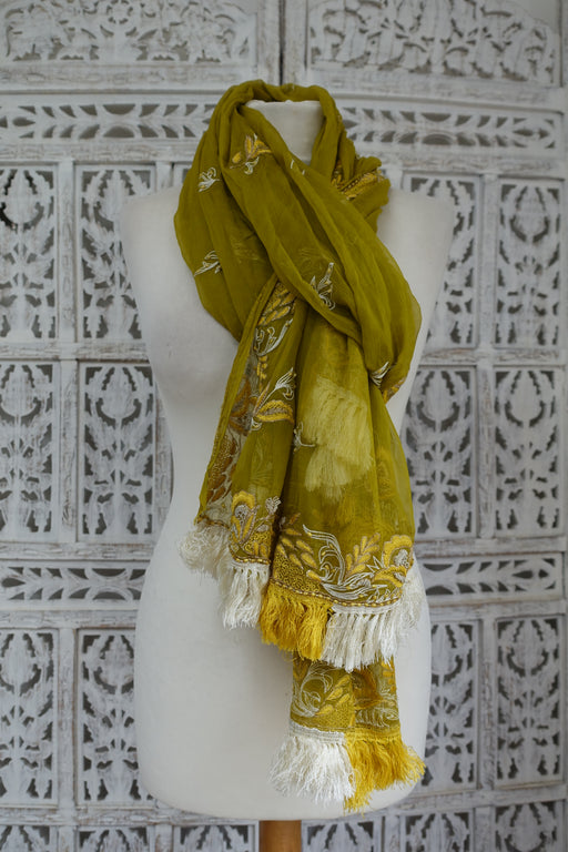 Citrus Green Silk Chiffon Silk Fringe Scarf - New - Indian Suit Company