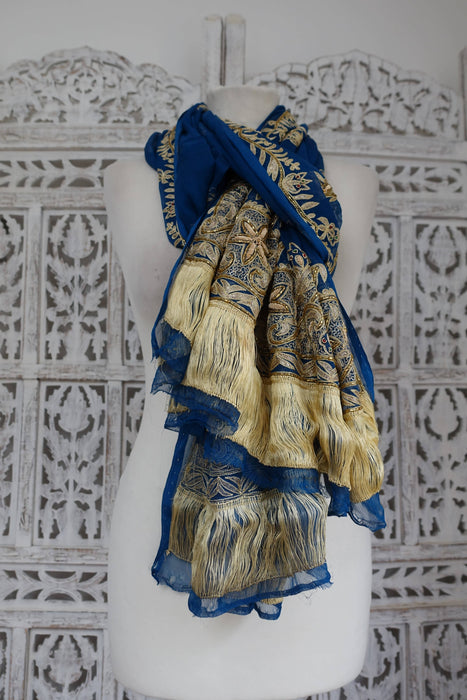Blue Vintage Silk Chiffon Silk Fringe Dupatta - New - Indian Suit Company