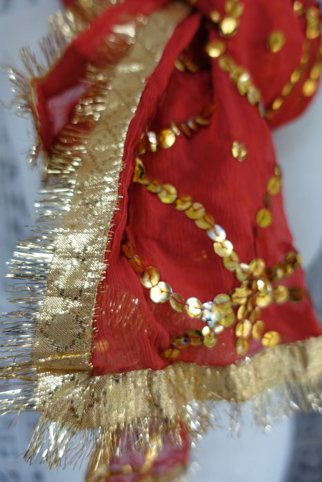 Red Vintage Sequinned Wedding Dupatta - Preloved
