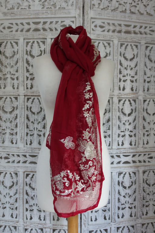 Dark Red Vintage Silk Chiffon Dupatta - Preloved - Indian Suit Company