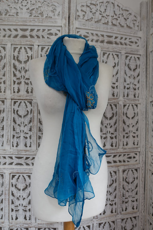 Blue Vintage Silk Chiffon Beaded Floral Dupatta - Preloved - Indian Suit Company