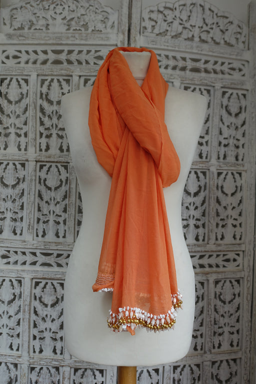 Orange Beaded And Bell Trimmed Chiffon Dupatta - Preloved - Indian Suit Company