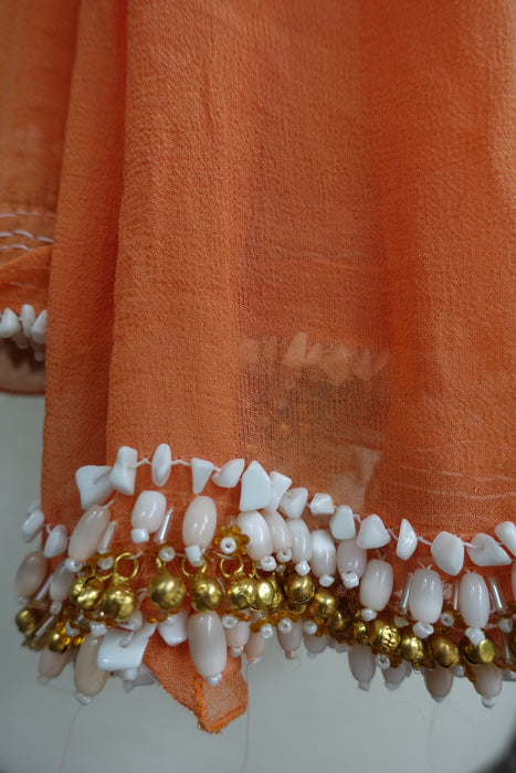 Orange Beaded And Bell Trimmed Chiffon Dupatta - Preloved - Indian Suit Company