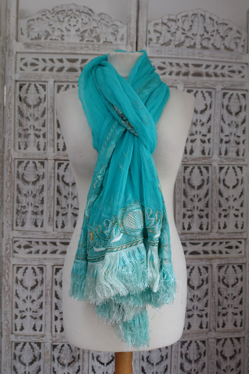 Blue Vintage Silk Chiffon Dupatta With Silk Fringe - Preloved - Indian Suit Company