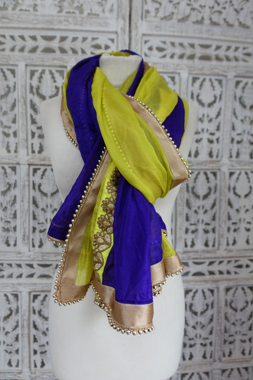 Citrus Green & Purple Pure Lightweight Silk Dupatta - New - Indian Suit Company