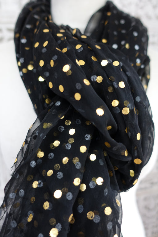 Black Chiffon Dupatta With Gold Dots - New - Indian Suit Company
