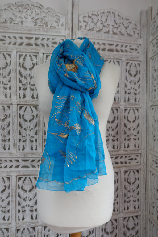 Blue Silk Chiffon Vintage Embellished Dupatta - New - Indian Suit Company