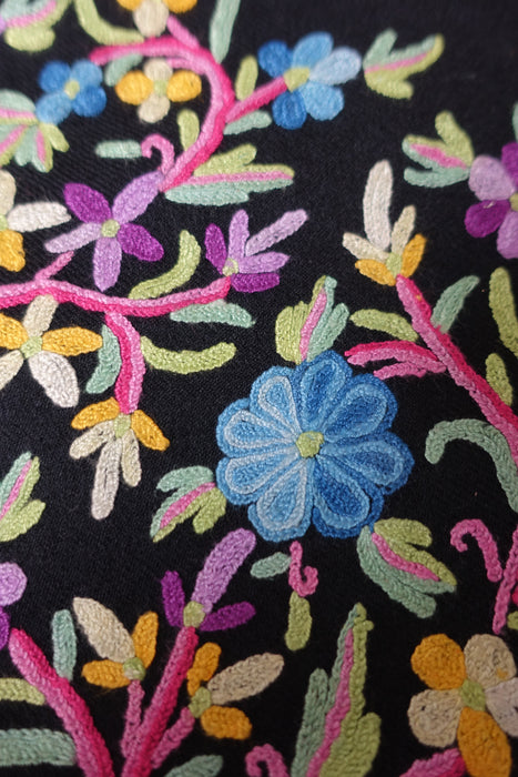 Black Wool Embroidered Colourful Shawl - Preloved