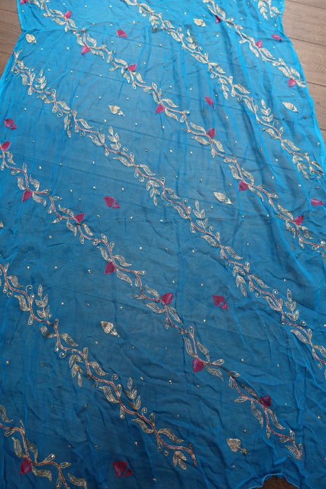 Peacock Blue Vintage Silk Chiffon Embellished Dupatta - New