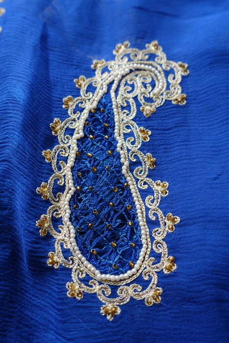 Blue Silk Chiffon Vintage Paisley Embellished Dupatta - New