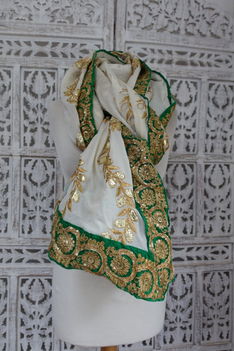 White & Emerald Green Gota Patti Style Dupatta - New
