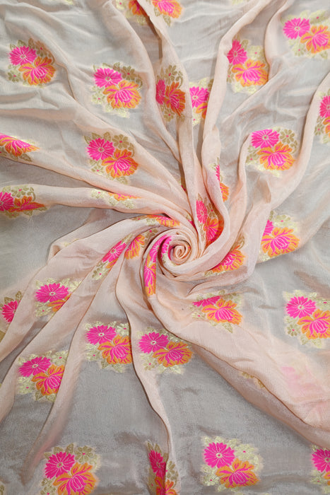 Peach Floral Chanderi Silk Woven Shawl - New