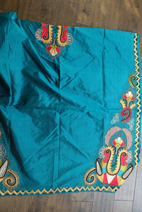 Teal Vintage Embroidered Silk Dupatta - New