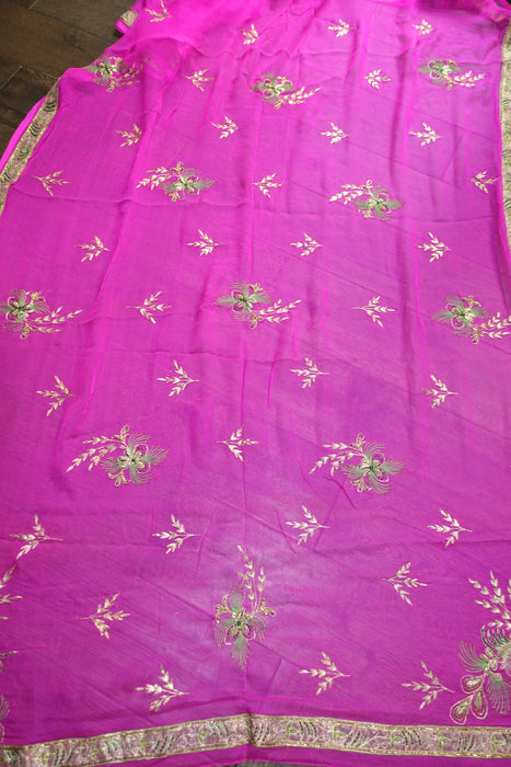 Hot Pink Vintage Silk Chiffon Dupatta - New