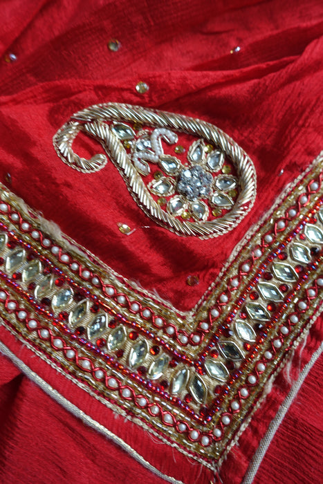 Bright Red Crushed Silk Zardosi Worked Dupatta - New