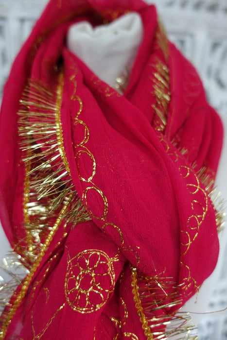 Pinky Red Vintage Chiffon Gold Tilla Embroidered Dupatta - New