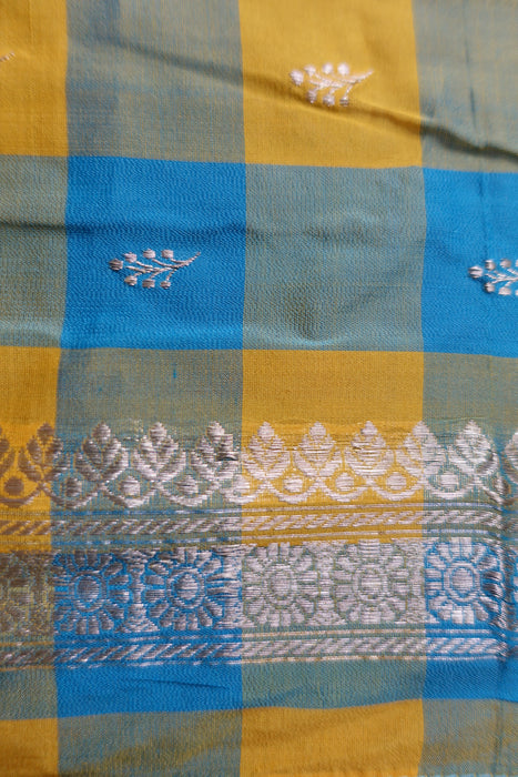 Blue And Yellow Vintage Silk Blend With Silver Zari - New