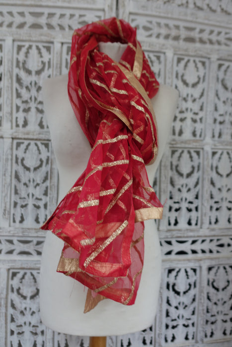 Red Net With Gold Thread Dupatta - New