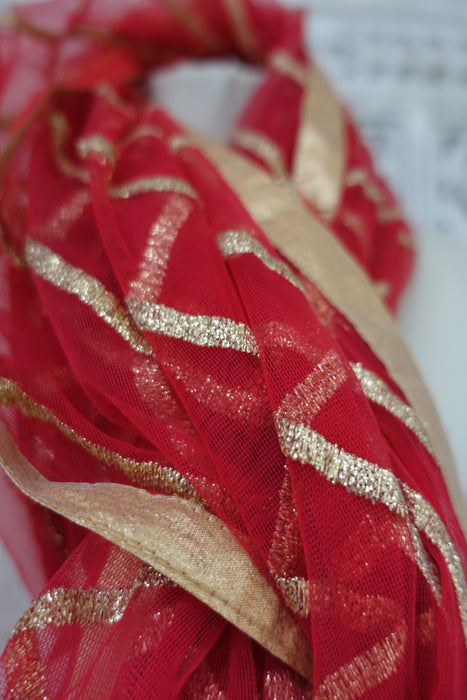 Red Net With Gold Thread Dupatta - New