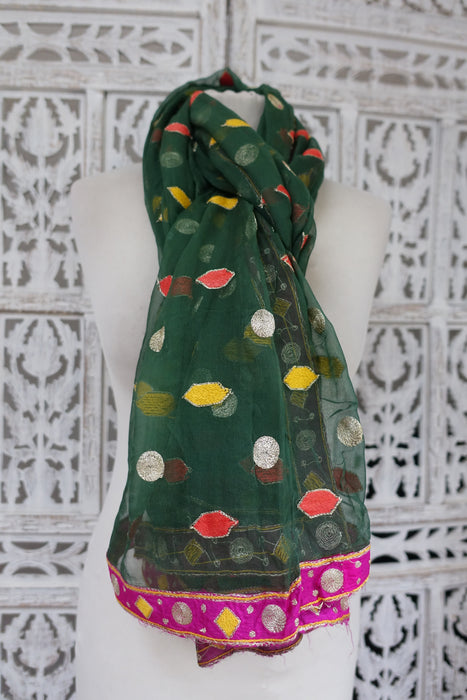 Green Silk Chiffon Vintage Embroidered Dupatta - New