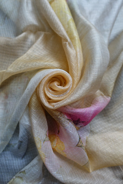 Cream Soft Silk Floral Print Dupatta - New