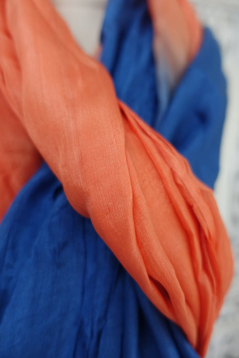 Denim Blue & Peachy Orange Pure Silk Dupatta - Preloved