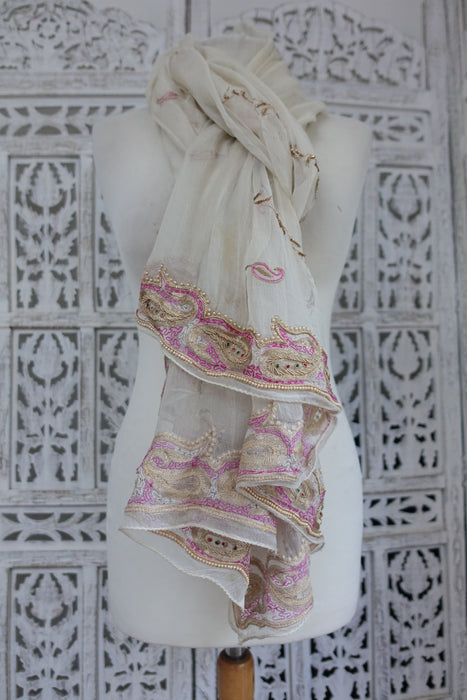 White & Pink Silk Chiffon Dupatta - Preloved