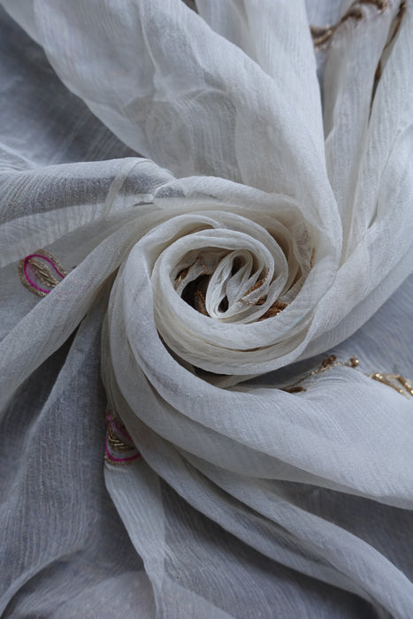 White & Pink Silk Chiffon Dupatta - Preloved