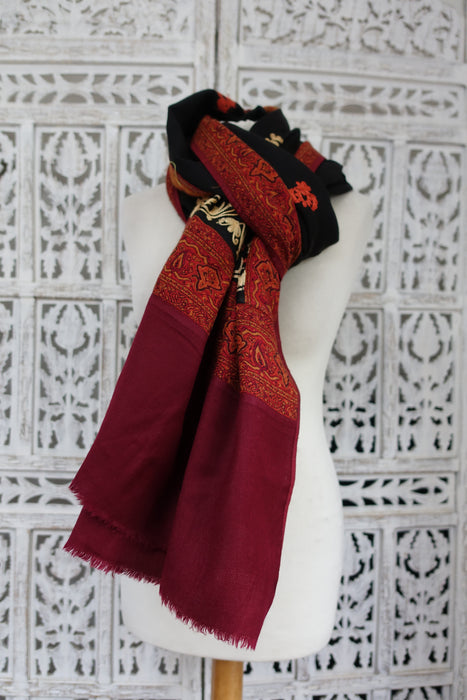 Black Wool And Maroon Woven Shawl - New