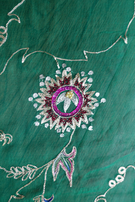 Green Vintage Silk Chiffon Embellished Dupatta - New