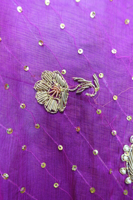 Fushcia Vintage Silk Chiffon Zardosi Dupatta - Preloved
