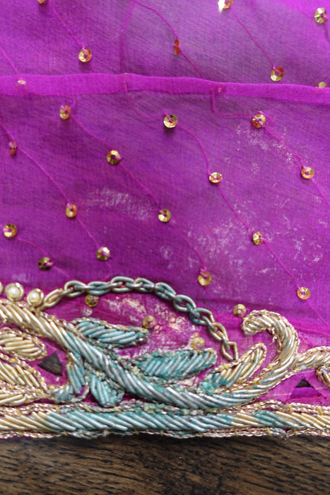 Fushcia Vintage Silk Chiffon Zardosi Dupatta - Preloved
