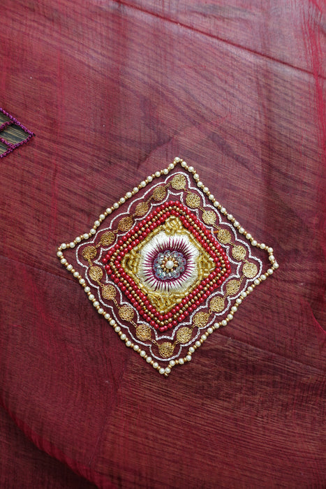 Maroon Silk Chiffon Vintage Cutwork Embellished Dupatta - New