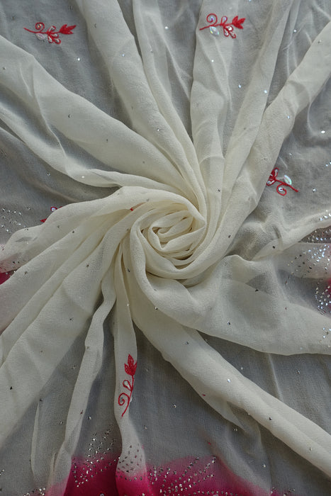 Red And White Silk Chiffon With MUKesh Work - New