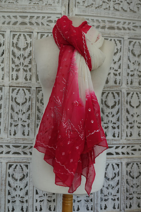 Red And White Silk Chiffon With MUKesh Work - New