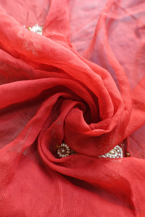 Red Silk Chiffon With Pearl Detailing - New