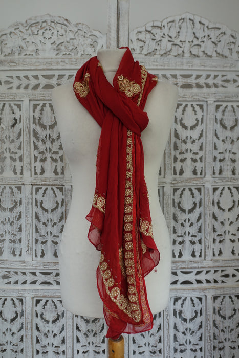 Red Silk Chiffon With Pearl Detailing - New