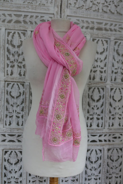 Pink Vintage Zardosi Silk Chiffon Dupatta - New