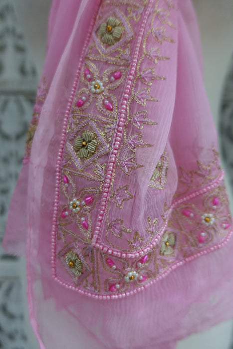 Pink Vintage Zardosi Silk Chiffon Dupatta - New