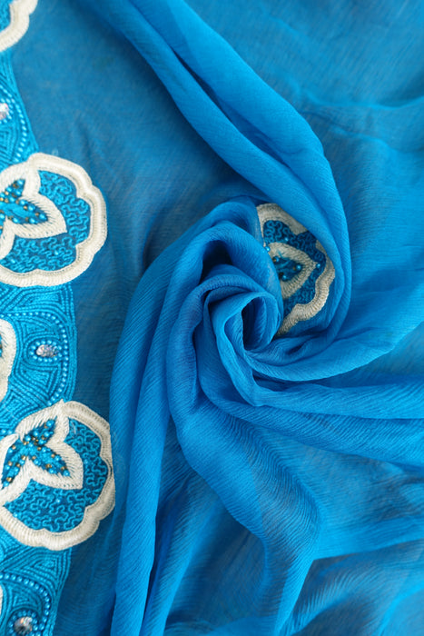 Blue Silk Chiffon Embroidered Vintage Dupatta - New