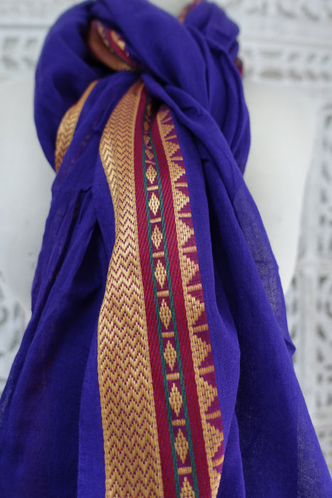 Purple Cotton With Woven Gold Border Dupatta - New