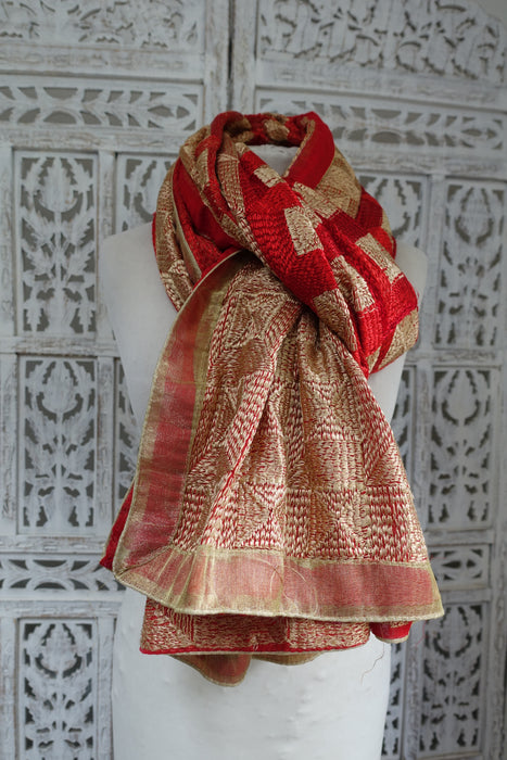 Red Gold Silk Floss Thread Phulkari Shawl - New