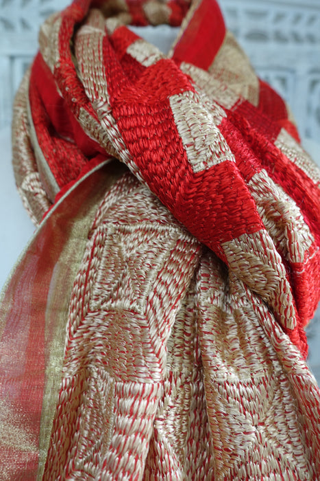 Red Gold Silk Floss Thread Phulkari Shawl - New