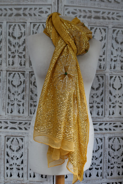 Yellow Gold Sequinned Vintage Chiffon Dupatta -Preloved