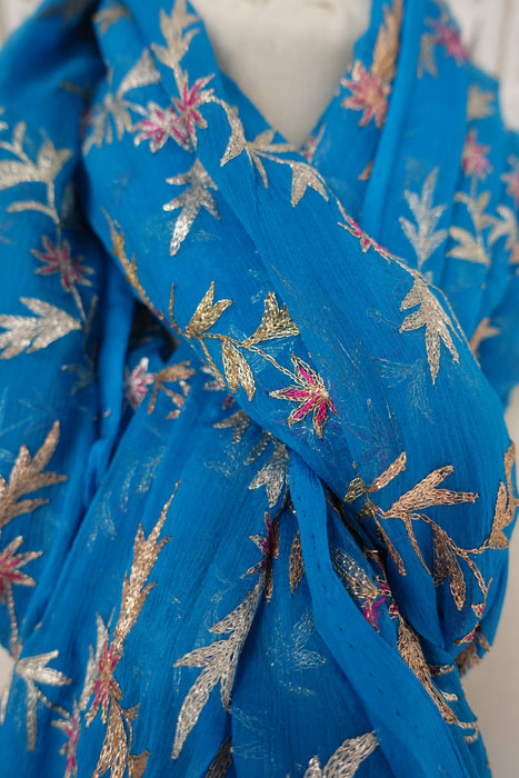 Peacock Blue Vintage Silk Chiffon Dupatta - New