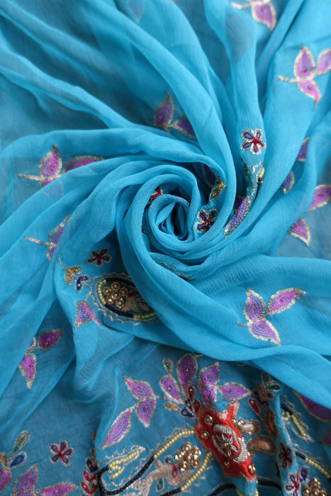 Aqua Blue Vintage Silk Appliqued Dupatta - New