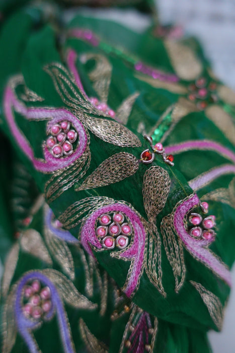 Green Heavily Embellished Silk Chiffon Vintage Dupatta - New